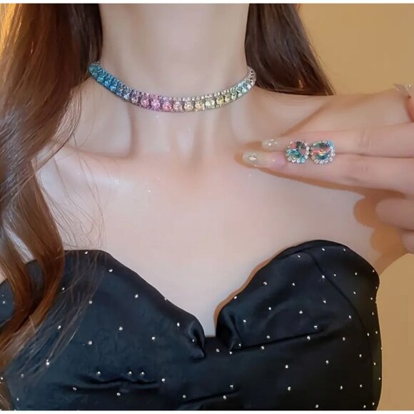 Rainbow Crystal Choker Necklace & Rivoli Stud Earrings Jewelry Set - Picture 2 of 3